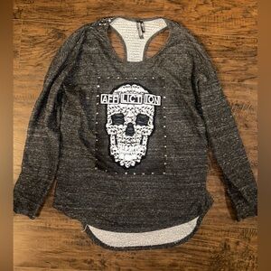 Affliction studded skull sweater